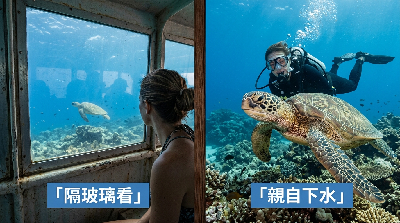 左右對比情境圖,左側為乘客在玻璃船艙內隔著透明窗遠望海底的一隻海龜(畫面有玻璃反光、海龜較遠較小),右側為潛水者在水下與海龜近距離同框(海龜清晰、就在身邊),中間分隔線,左標籤「隔玻璃看」右標籤「親自下水」,配色海藍
