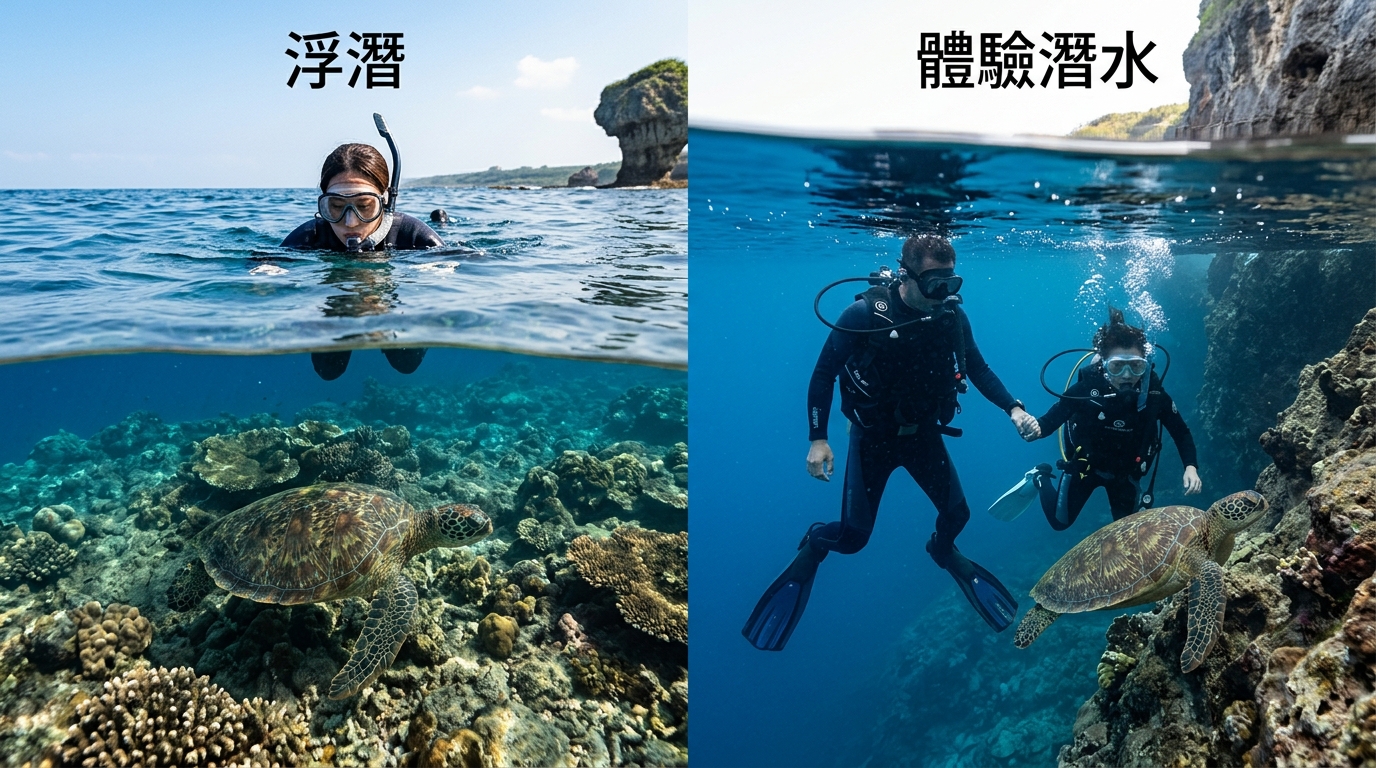 花瓶岩、美人洞浮潛與體驗潛水玩法對照插畫,左欄浮潛(一名戴面鏡的人浮在水面,下方淺礁與綠蠵龜),右欄體驗潛水(一名潛水員由教練牽著在水下近距離看海龜),中間以水面線分隔上下,海洋藍與礁岩色調,圖中文字僅『浮潛』『體驗潛水』兩個欄標題,每個標籤一行不換行不重複