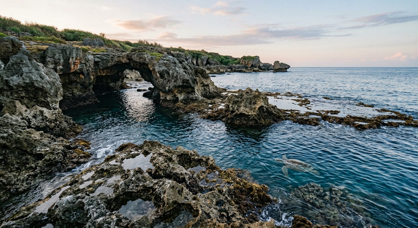 小琉球龍蝦洞礁岩海岸地形主視覺插畫,畫面為東北側海蝕珊瑚礁海岸,礁岩錯落形成洞穴與潮池,漲潮海面平穩,遠處有清晨天色,一隻綠蠵龜在礁區邊緣游動,海洋藍與礁岩灰褐色調,整張圖完全不得出現任何文字、字母、數字或標題——純圖形構圖