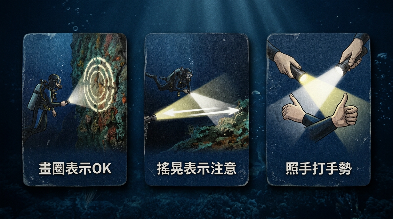 夜潛安全燈光手勢示意卡片圖,深藍色背景,三個並排的卡片各畫一個手電筒光束的動作示意:第一張光束在岩壁上畫圈、第二張光束左右快速搖晃、第三張一支燈照亮另一隻打手勢的手,每張卡片下方一行繁體中文標籤分別為 畫圈表示OK、搖晃表示注意、照手打手勢,三個標籤各不相同不得重複、每個標籤僅一行不得換行,圖中除這三個標籤外不得出現任何其他文字、數字或年份