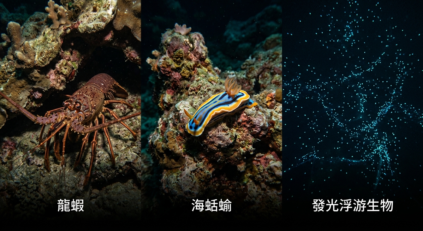 小琉球夜潛常見夜行海洋生物圖鑑,深色海底背景,三隻夜行生物並排呈現生態插畫風:左邊一隻龍蝦從岩洞爬出、中間一隻顏色鮮豔的海蛞蝓在岩壁上、右邊水中散布藍綠色發光浮游生物光點,每隻生物下方一行繁體中文標籤分別為 龍蝦、海蛞蝓、發光浮游生物,三個標籤各不相同不得重複、每個標籤僅一行不得換行,圖中除這三個標籤外不得出現任何其他文字、數字或年份