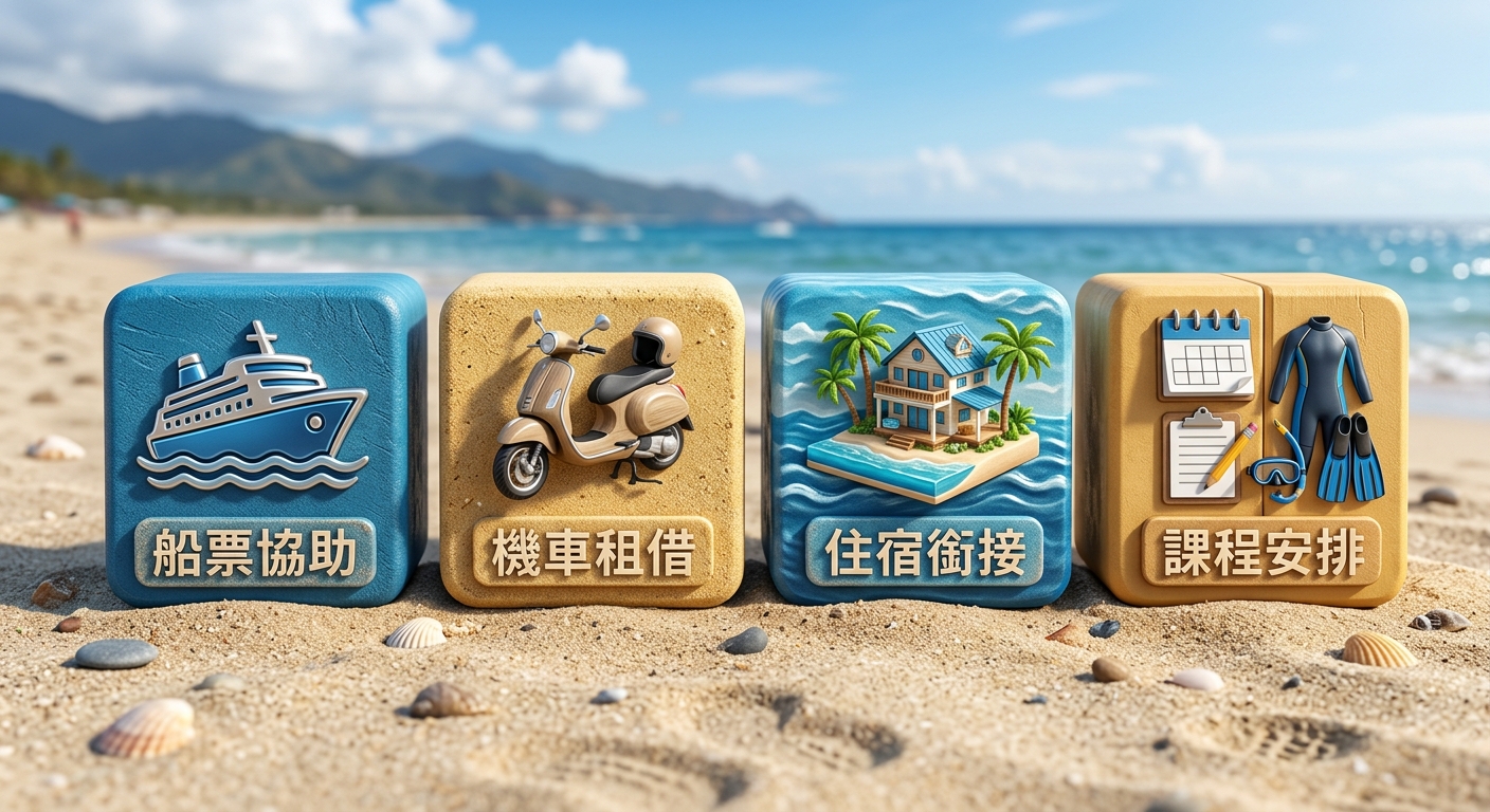 外地學員包套四要素圖示,四個並排方塊,每塊一個簡單圖示加一行標籤文字,標籤逐字為:船票協助、機車租借、住宿銜接、課程安排;恰好四個方塊、四個文字各不相同、每行不換行;配色海洋藍與沙黃;除上述四組字樣外圖中不得出現任何其他文字、數字或年份