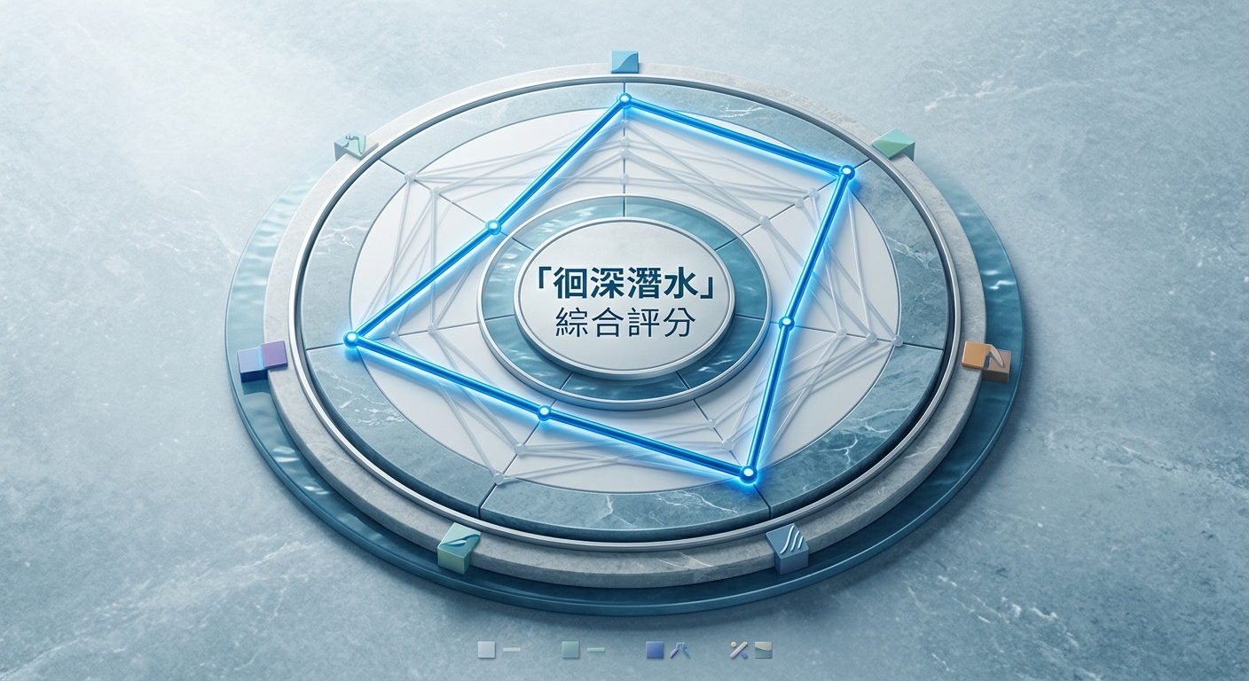 匿名對手與徊深潛水的評分雷達圖,七個維度頂點的雷達網格,五條不同顏色折線分別代表五家業者,圖例文字逐字為:對手A、對手B、對手C、對手D、徊深潛水;七個維度軸標籤逐字為:師生比、天數、保險、潛點、系統、補考、評價;恰好五條折線、五個圖例文字各不相同、不得重複;除上述圖例與軸標籤外圖中不得出現任何其他文字、星級、數字或年份