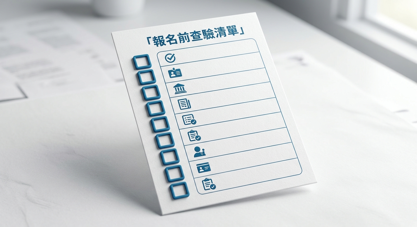 13 項實地訪查檢查清單視覺化,一張清單卡片,左側一排勾選方框,右側對應短句;只在卡片頂端標一行標籤文字逐字為「報名前查驗清單」、清單內各項以簡短圖示表示不逐字寫;配色海洋藍與白;除頂端那行字外圖中不得出現任何其他文字、數字或年份