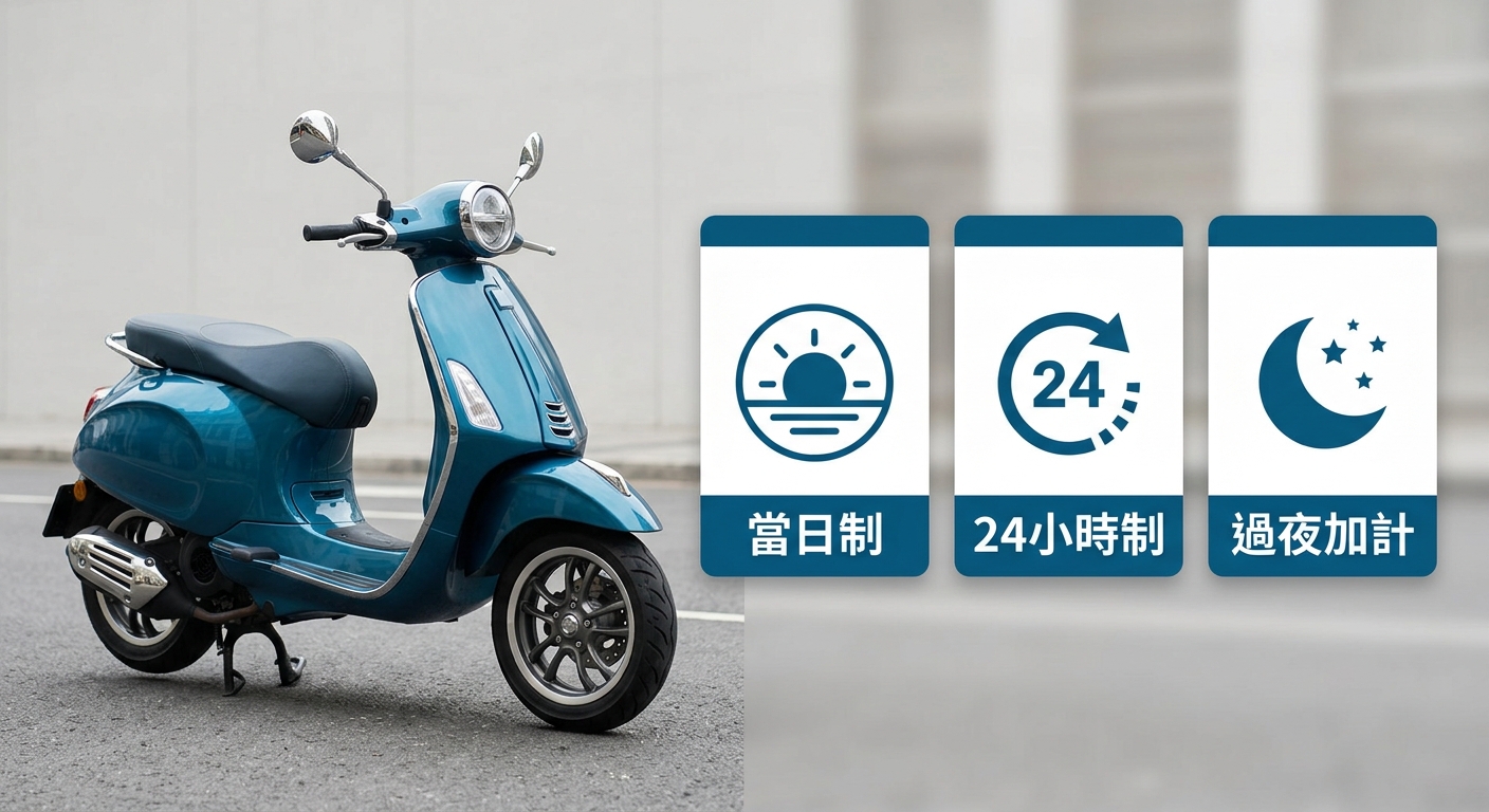 租機車費用計算與天數對照資訊圖,畫面左側為一台扁平插畫風格的機車圖示,右側為一張三列對照表,表格左欄為計費方式、右欄為說明,三列的計費方式文字逐字分別為 當日制、24小時制、過夜加計,配色為海洋藍與白底,表格內不得填入任何金額數字,圖中除指定文字外不得出現任何價格、網址、電話或年份