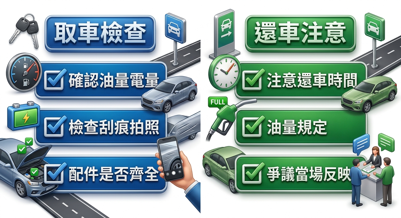 取車還車流程與避雷清單圖,畫面分左右兩區,左區標題文字逐字為 取車檢查、下方三個項目逐行文字為 確認油量電量、檢查刮痕拍照、配件是否齊全,右區標題文字逐字為 還車注意、下方三個項目逐行文字為 注意還車時間、油量規定、爭議當場反映,配色為藍綠雙色搭配白底,每個項目前有勾選框圖示,每行文字一行不換行、不重複,圖中不得出現任何網址、電話、價格或年份