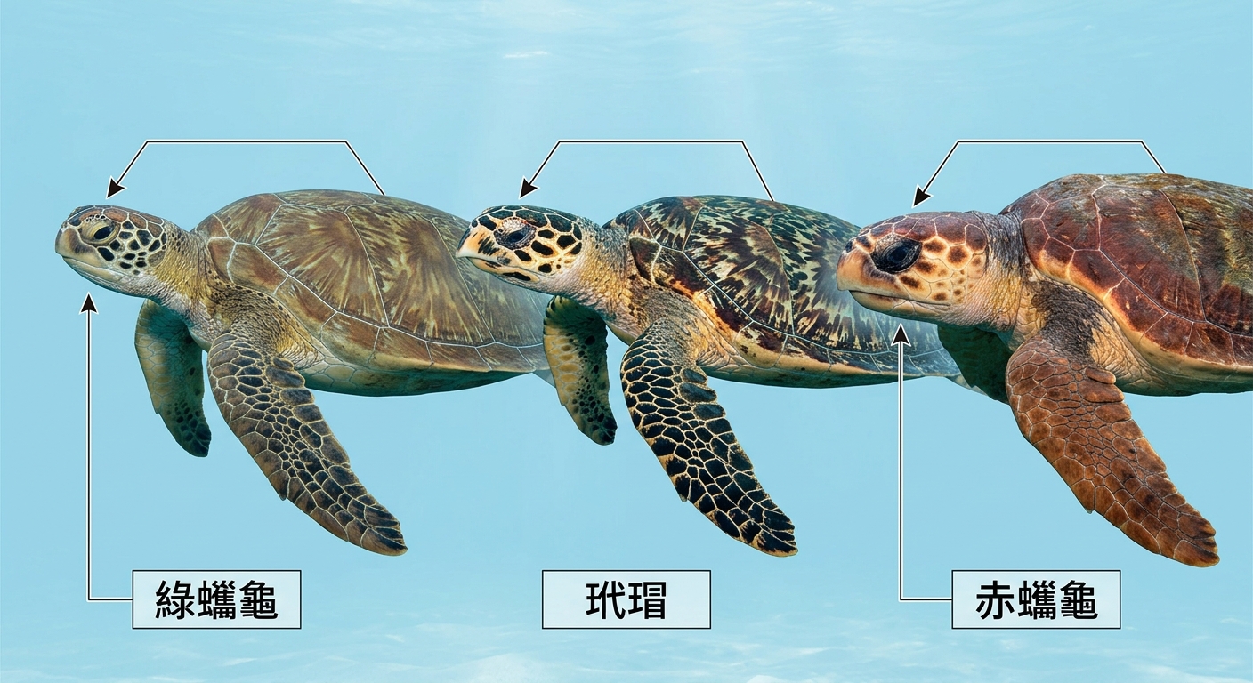 綠蠵龜與其他常見海龜種類辨識對照圖鑑式插畫,三隻海龜並排側面圖(綠蠵龜、玳瑁、赤蠵龜),重點以線條箭頭指向頭部鱗片與背甲花紋差異,每隻海龜下方一行短標籤分別為 綠蠵龜、玳瑁、赤蠵龜,圖鑑式插畫風格、自然配色,恰好三隻不得多於三隻,三個標籤各為一行不得換行不得重複,除這三個標籤外圖中不得出現任何其他文字