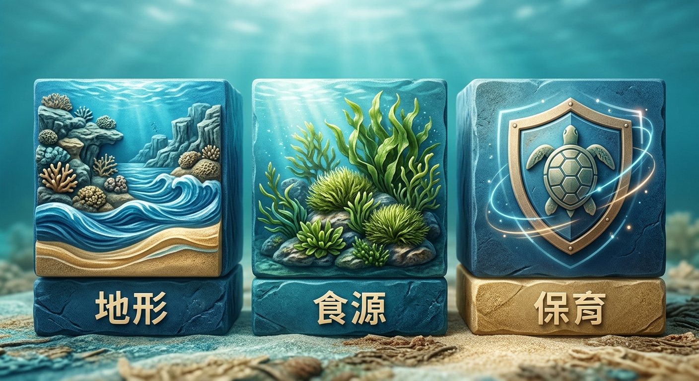 小琉球海龜密度全台最高的三大原因資訊圖,三個並排圖示方塊,由左到右分別為珊瑚礁淺海地形(礁石與淺海線條圖)、豐富海藻食源(海藻叢線條圖)、長期保育低干擾(盾牌守護線條圖),每個方塊一行短標籤分別為 地形、食源、保育,海藍與沙色配色,恰好三個方塊不得多於三個,三個標籤各為一行不得換行不得重複,除這三個標籤外圖中不得出現任何其他文字