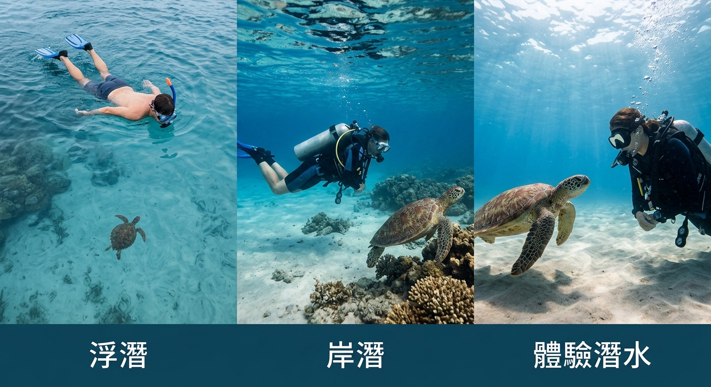 三種看海龜方式的距離與視角對比扁平資訊插畫,由左到右三個並列場景:岸邊浮潛(一人趴在水面俯視,下方海龜較小較遠)、岸潛(一人背氣瓶在水中側面看海龜)、體驗潛水(一人在水中與海龜平視最近),每個場景下方各一個一行短標籤分別為 浮潛、岸潛、體驗潛水,海藍配色,標籤文字僅一行不得換行不得重複,除這三個標籤外圖中不得出現任何其他文字