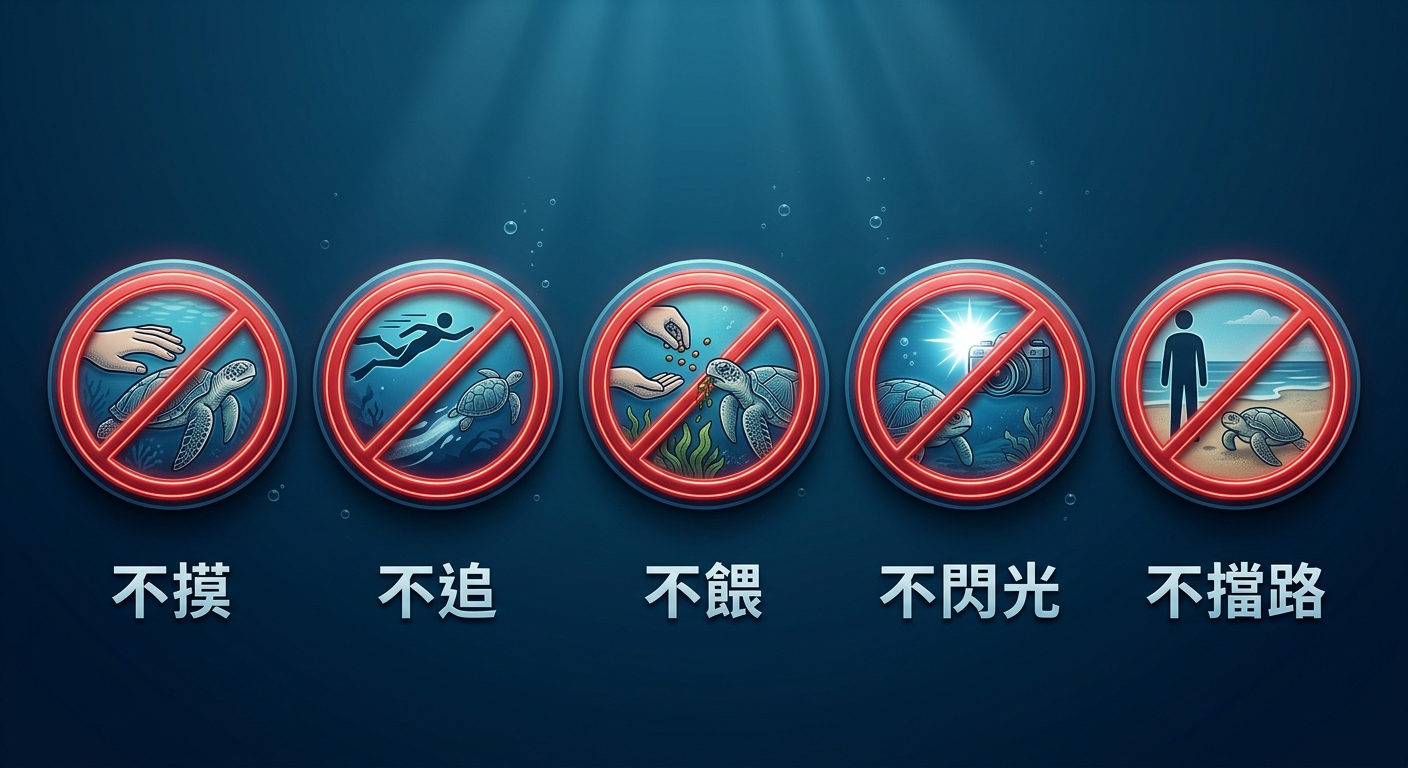 賞龜五不原則圖示卡,五個並排的圓形圖示,每個圖示下方一行短標籤分別為 不摸、不追、不餵、不閃光、不擋路,圖示以禁止符號(紅圈斜線)搭配對應動作的簡單線條圖,警示色點綴於海藍底,恰好五個圖示不得多於五個,五個標籤文字各不相同各為一行不得換行不得重複,除這五個標籤外圖中不得出現任何其他文字
