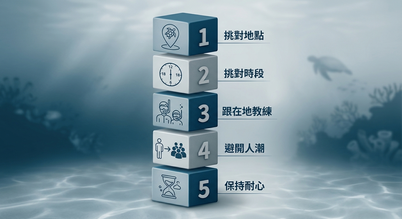 提高遇龜機率的五個做法資訊圖,五個編號方塊由上而下排列,每個方塊左側一個對應線條圖示(地圖標記、時鐘、教練帶領、避開人群、耐心等待),每個方塊一行短標籤分別為 挑對地點、挑對時段、跟在地教練、避開人潮、保持耐心,海藍與淺灰配色,恰好五個方塊不得多於五個,標籤各為一行不得換行不得重複,除這五個標籤外圖中不得出現任何其他文字
