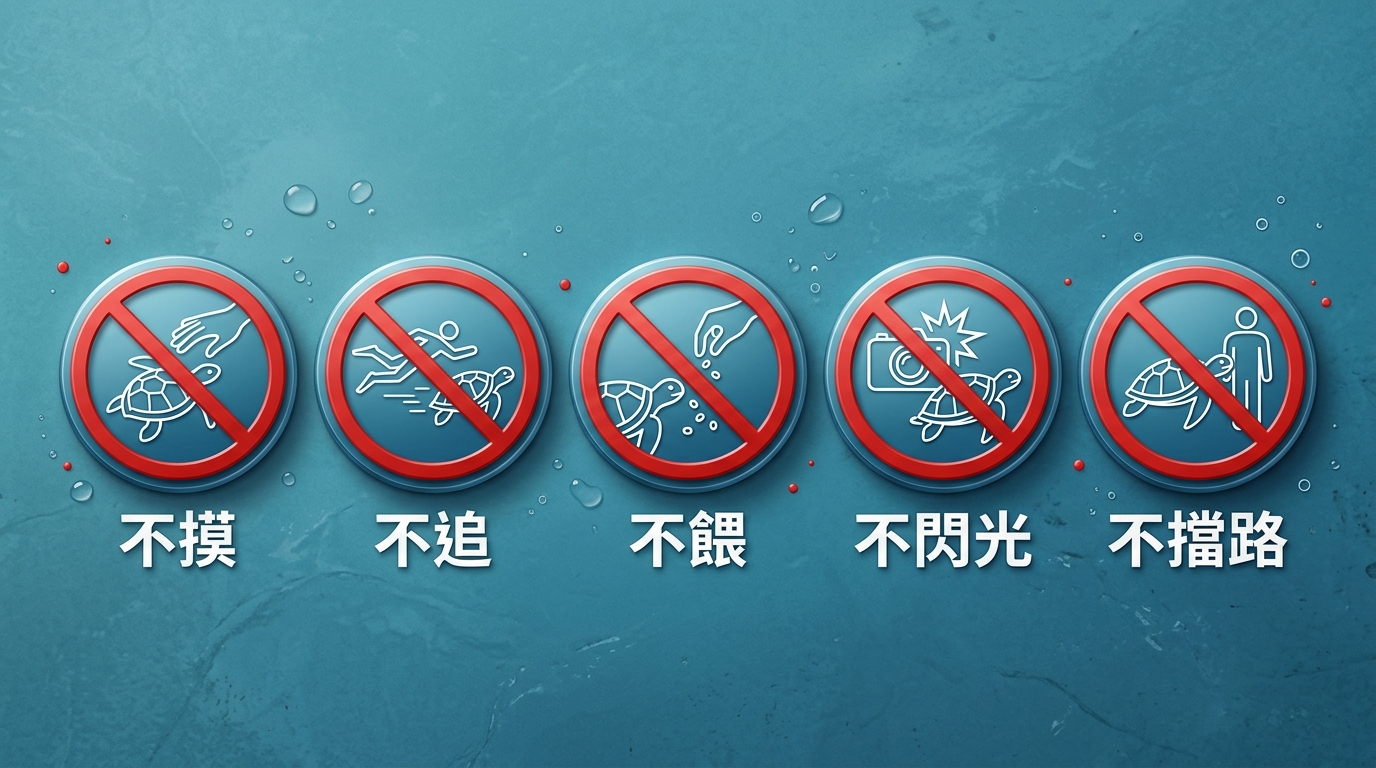 賞龜五不原則圖示卡,五個並排圓形圖示,每個圖示為紅圈斜線禁止符號搭配對應動作的簡單線條圖(伸手觸摸、追逐游動、丟食物、相機閃光、擋在前方),每個圖示下方一行短標籤分別為 不摸、不追、不餵、不閃光、不擋路,海藍底配警示紅點綴,恰好五個圖示不得多於五個,五個標籤各不相同各為一行不得換行不得重複,除這五個標籤外圖中不得出現任何其他文字
