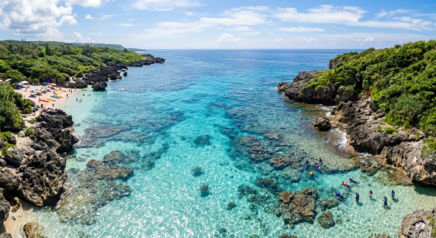 小琉球海岸線俯瞰主視覺,清澈淺藍海域與珊瑚礁岸交界,水中可見一兩隻海龜模糊身影,岸邊有礁石與少許浮潛者,自然寫實光影、明亮療癒,整張圖完全不含任何文字字母數字