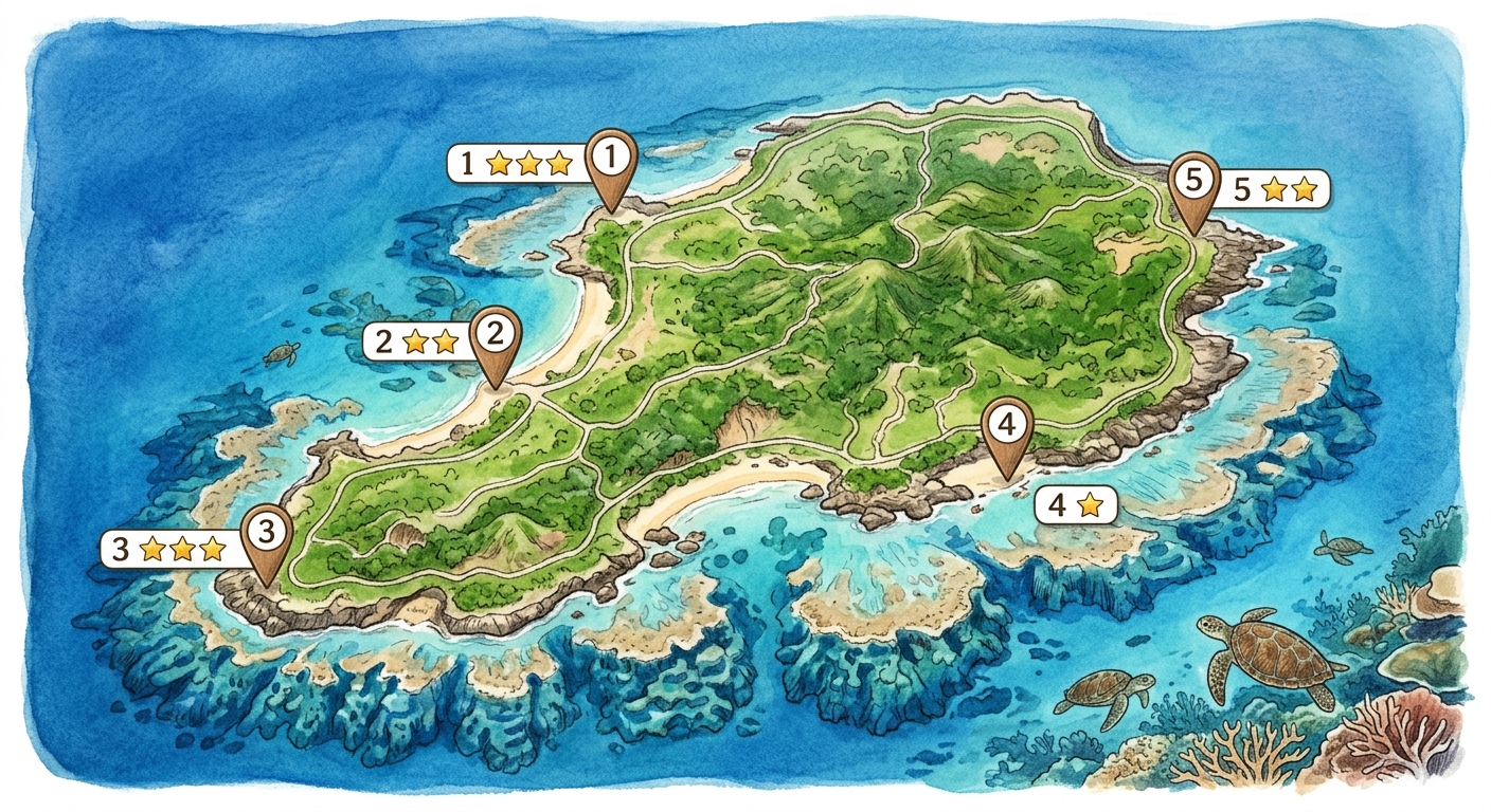 小琉球島嶼手繪地圖,標出五個看海龜熱點位置與星級,五個標記點各一行短標籤分別為 花瓶岩、美人洞、杉福、龍蝦洞、海龜石,每個標籤旁有一到三顆星表示遇龜機率,手繪地圖風配清楚標籤,海藍與沙色配色,恰好五個標記點不得多於五個,標籤各為一行不得換行不得重複,除這五個地名標籤與星星外圖中不得出現任何其他文字