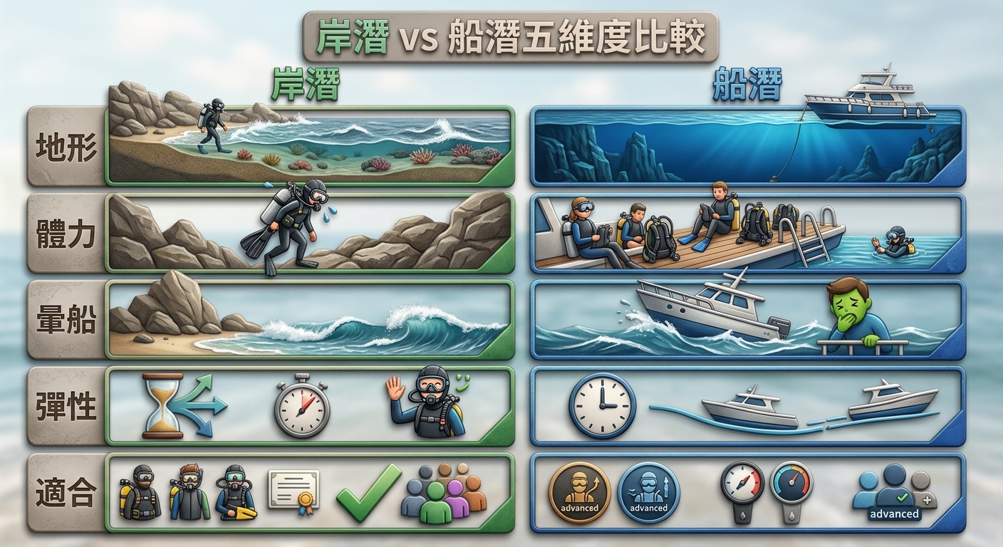 岸潛 vs 船潛五維度比較雙欄對照資訊圖,左欄岸潛、右欄船潛,五個比較列由上到下:地形、體力、暈船、彈性、適合程度,每一列以圖示加簡短文字呈現程度,岸潛用綠色、船潛用藍色,圖中文字僅五個維度名稱(地形、體力、暈船、彈性、適合)與『岸潛』『船潛』兩個欄標題,每個標籤一行不換行不重複