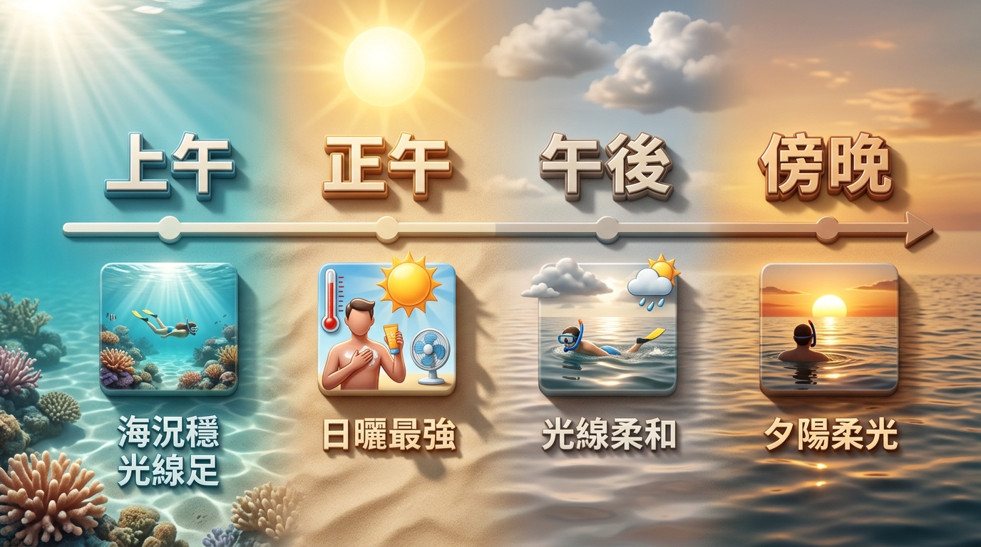 一日浮潛時段建議時間軸,橫向時間軸由左到右標出「上午」「正午」「午後」「傍晚」四段,每段下方用小圖示與簡短標籤說明特色:上午(海況穩、光線足)、正午(日曬最強、較熱)、午後(光線柔和、留意轉變)、傍晚(夕陽柔光)。逐字標出「上午」「正午」「午後」「傍晚」「海況穩 光線足」「日曬最強」「光線柔和」「夕陽柔光」。圖中不得出現任何其他文字、年份、網址、電話、店名。