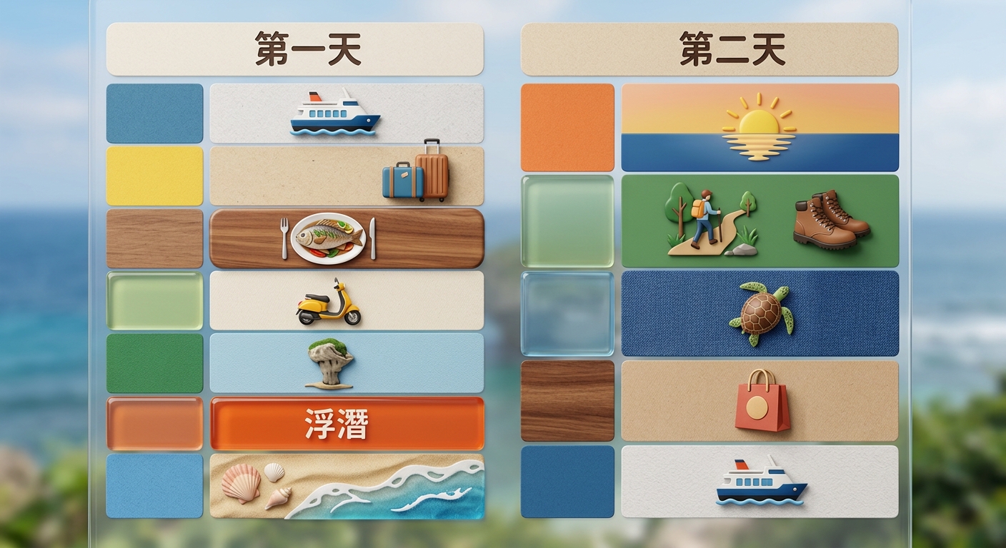 小琉球兩天一夜行程排程示意圖,分「第一天」「第二天」兩欄,用時間區塊由上到下排列建議活動:第一天(抵達報到、午餐、下午浮潛、傍晚環島)、第二天(上午浮潛、潮間帶、午餐、搭船返程),其中浮潛區塊用顏色強調。逐字標出「第一天」「第二天」「抵達報到」「下午浮潛」「環島」「上午浮潛」「潮間帶」「搭船返程」。圖中不得出現任何其他文字、年份、網址、電話、店名。