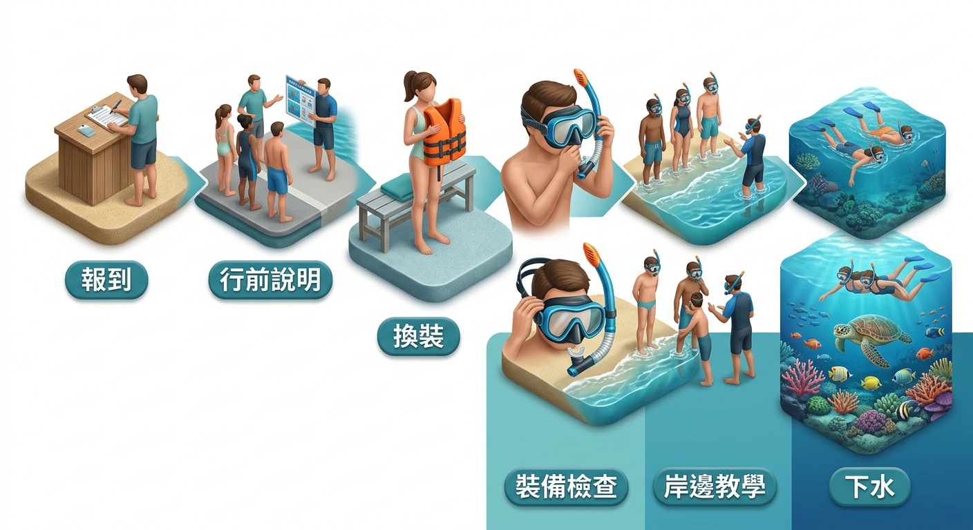 浮潛流程資訊圖,由左到右六個步驟用圖示串連:報到填表、行前說明、換裝穿救生衣、裝備檢查面鏡呼吸管、岸邊教學、下水看海龜。每步驟下方有簡短繁體中文標題:「報到」「行前說明」「換裝」「裝備檢查」「岸邊教學」「下水」。扁平資訊圖風格,藍綠色海洋配色。圖中不得出現任何其他文字、年份、網址、電話。