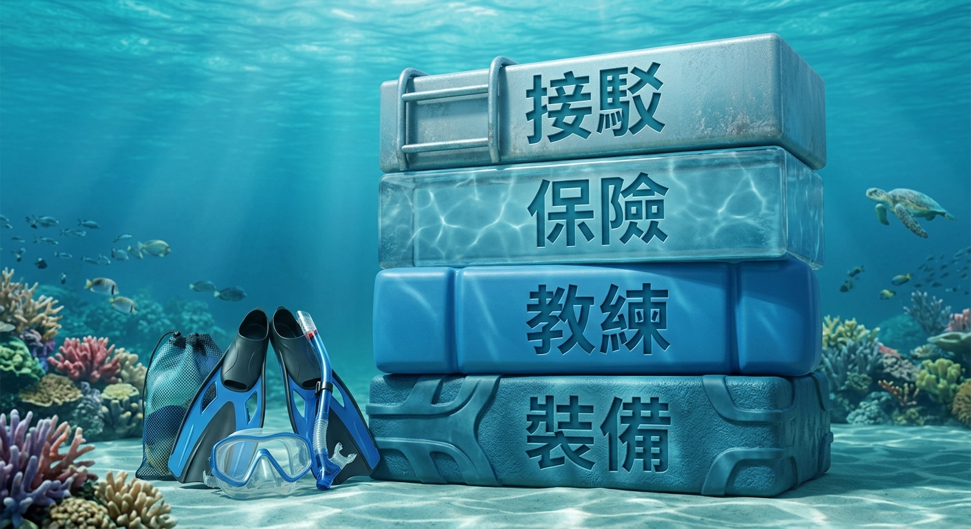 浮潛費用組成拆解的堆疊區塊資訊圖,由下往上四個橫向色塊堆疊,每塊逐字標出:裝備、教練、保險、接駁。整體扁平設計、藍綠色海洋配色,左側可加小型潛水裝備圖示。圖中不得出現任何其他文字/年份/網址/電話/店名/金額數字。