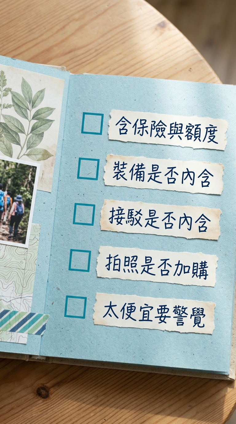 判斷報價是否合理的 checklist 直式清單插畫,紙張或剪貼簿樣式,逐字列出五個可勾選項目:「含保險與額度」「裝備是否內含」「接駁是否內含」「拍照是否加購」「太便宜要警覺」,每項前方有勾選方框。扁平設計、藍綠配色。圖中不得出現任何其他文字/年份/網址/電話/店名/金額數字。