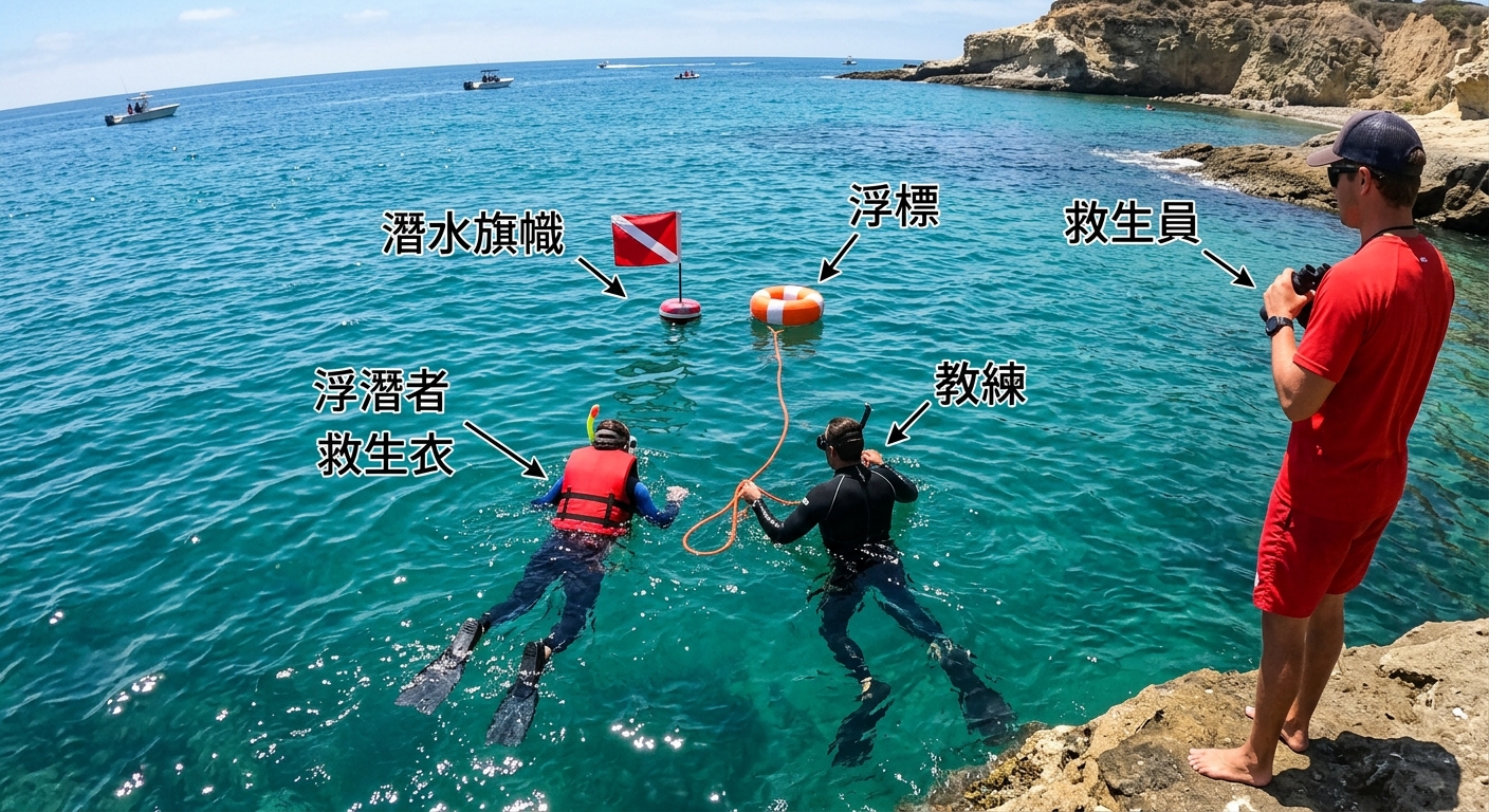 浮潛安全配置示意插畫,海面俯視或斜視角,畫出三個角色與配件並逐字標註:穿救生衣的浮潛者(標「救生衣」)、在旁牽帶的教練(標「教練」)、岸邊或船上戒護的救生員(標「救生員」),水面插一支潛水活動旗幟(標「潛水旗幟」),旁邊一個浮標(標「浮標」)。真人以背影呈現、不露臉。扁平插畫、藍綠配色。圖中不得出現任何其他文字/年份/網址/電話/店名。