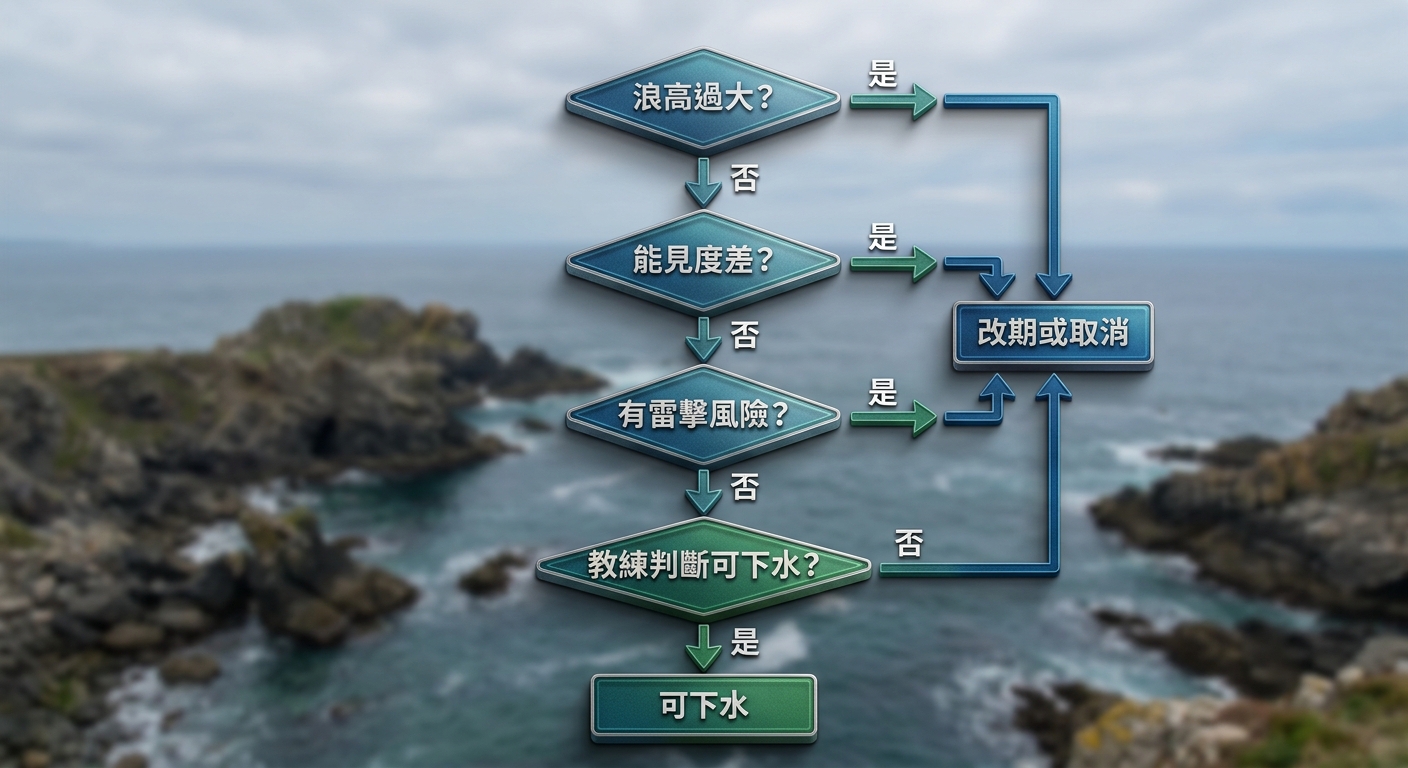 能否下水的海況判斷流程圖,由上而下的決策流程,菱形判斷節點逐字標:「浪高過大?」「能見度差?」「有雷擊風險?」「教練判斷可下水?」,依是/否分流到矩形結果框「可下水」與「改期或取消」。扁平流程圖、藍綠配色、清楚箭頭。圖中不得出現任何其他文字/年份/網址/電話/店名。