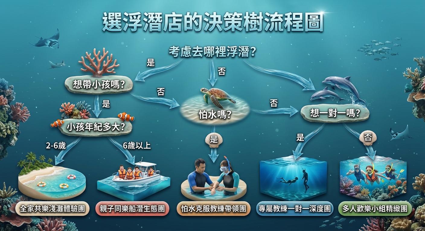 選浮潛店的決策樹流程圖,從「想帶小孩嗎/怕水嗎/想一對一嗎」等問題分支,引導到不同類型適合的浮潛團,節點用海洋元素圖示,整體扁平資訊圖風格、藍綠色配色。