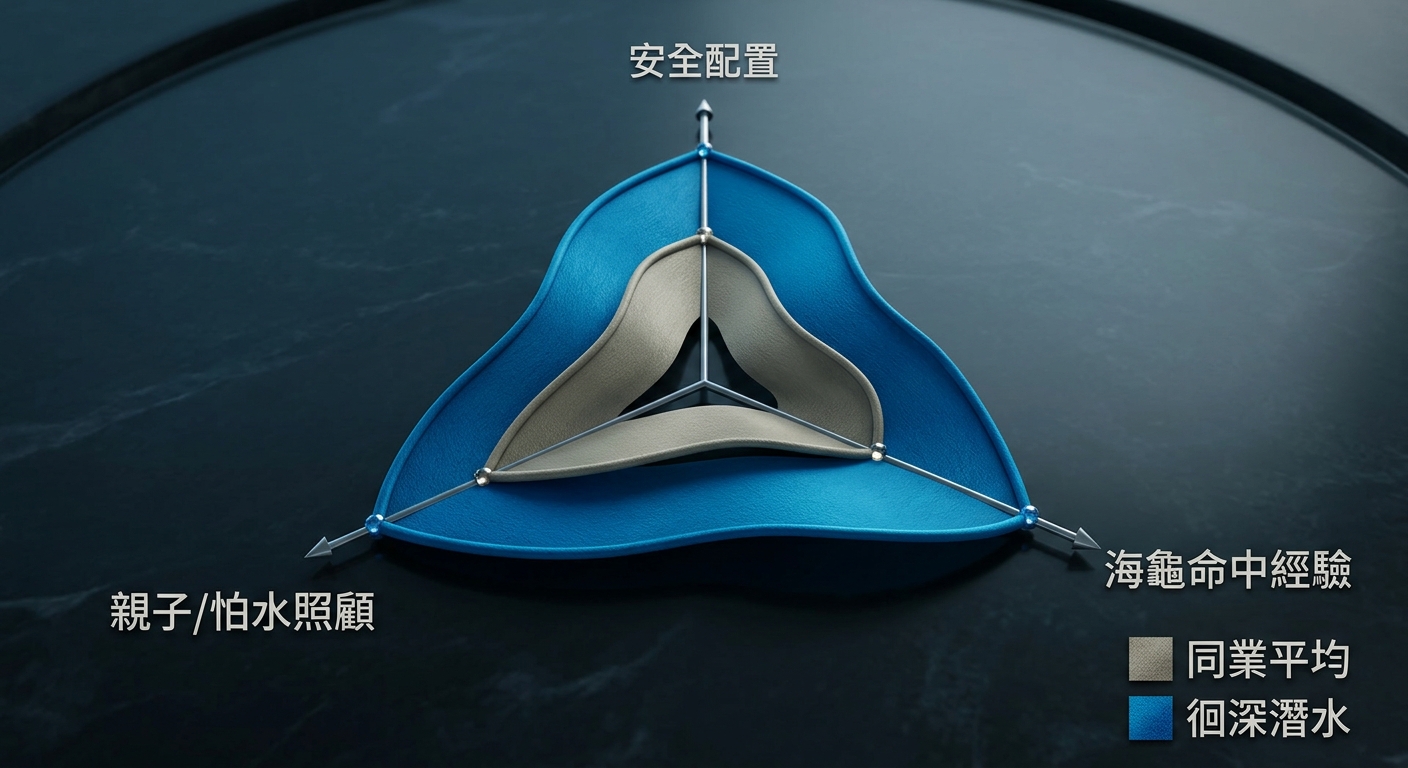 六維度雷達圖,比較匿名對手 A/B/C/D 與徊深潛水。六個軸由上方順時針為:教練帶團人數比、安全配置、海龜命中經驗、親子/怕水照顧、預約退改透明度、評價真實性。徊深潛水那條線數值最飽滿。各條線用不同顏色,圖例標 A、B、C、D、徊深潛水。