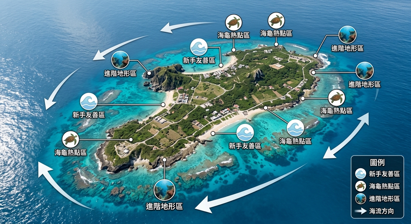 小琉球浮潛地點插畫地圖,畫一座被珊瑚礁環繞的小島輪廓,環島標出三種潛點類型的圖示——「新手友善區」(平緩波紋圖示)、「海龜熱點區」(海龜圖示)、「進階地形區」(礁壁圖示),並以箭頭示意海流方向,右下角放小圖例。逐字標出「新手友善區」「海龜熱點區」「進階地形區」「海流方向」。圖中不得出現任何其他文字、年份、網址、電話、店名、真實地名的羅馬拼音。