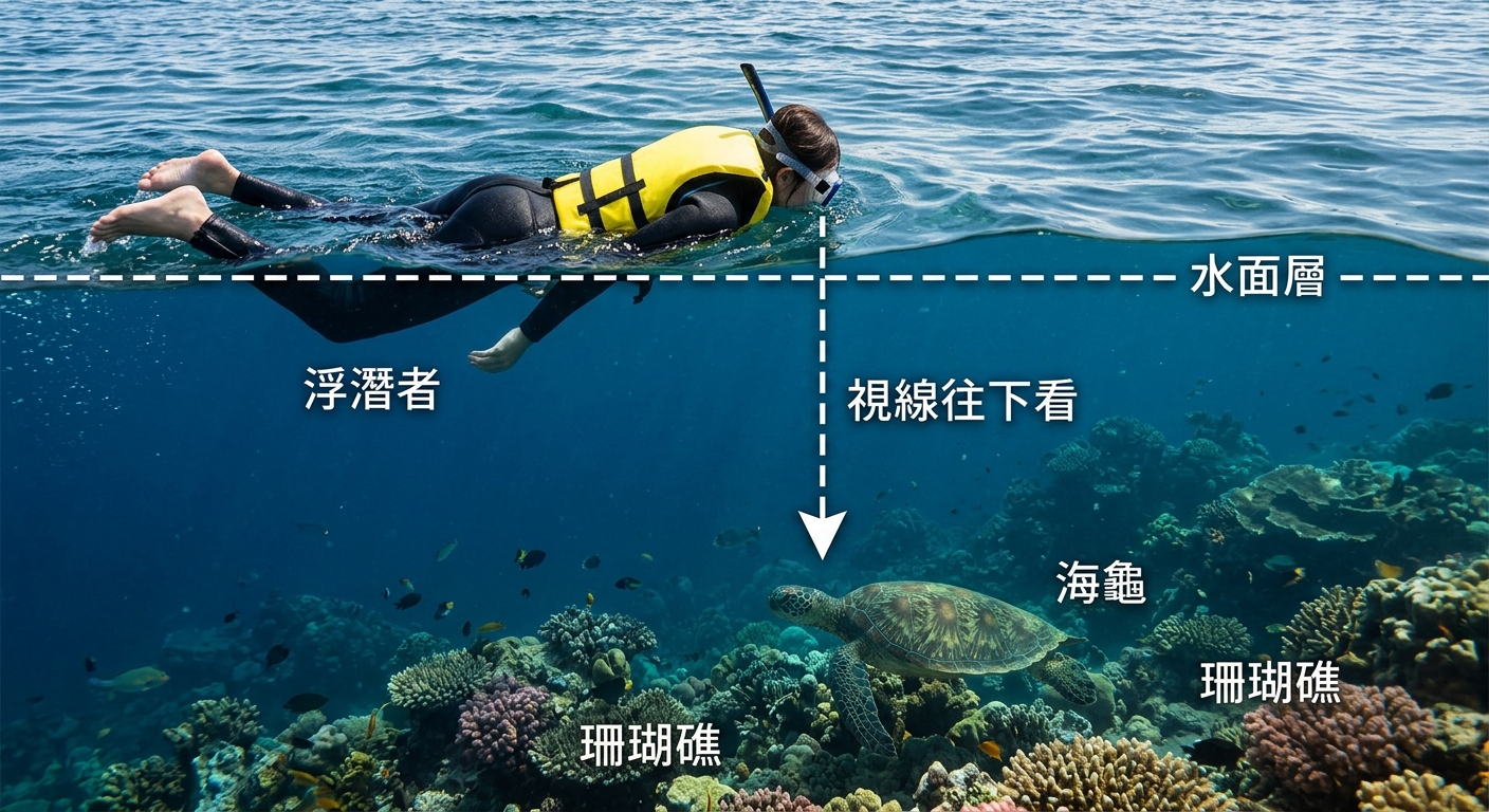 浮潛深度示意剖面圖,左側畫海面與一位趴在水面、戴面鏡與呼吸管、穿救生衣的浮潛者(背面視角、不露臉),向下看水底的珊瑚與一隻海龜;用一條虛線標示「浮潛活動在水面層」,並用箭頭標示「視線往下看」。逐字標出「水面層」「浮潛者」「珊瑚礁」「海龜」「視線往下看」。圖中不得出現任何其他文字、年份、網址、電話、店名。