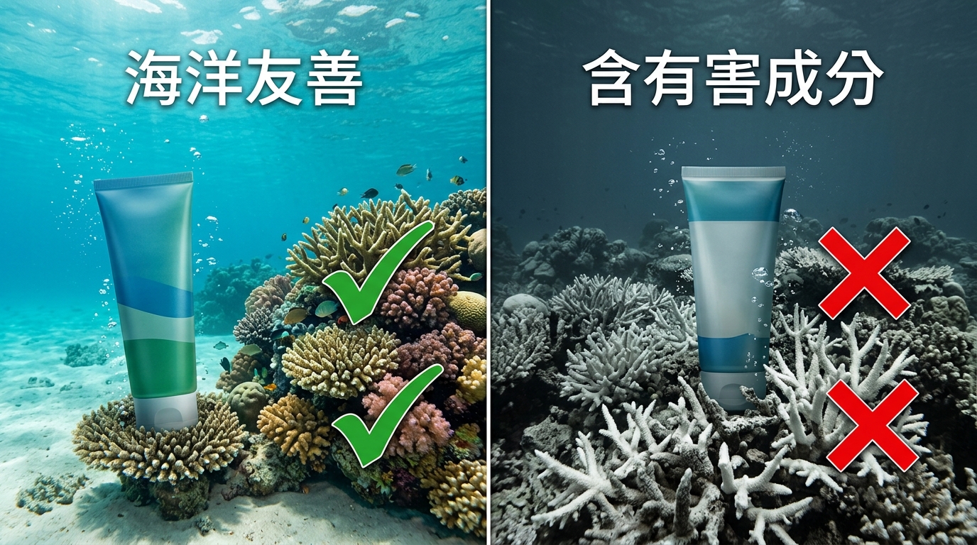 海洋友善防曬 vs 一般化學防曬的左右對比示意插畫,左半邊一管防曬旁有健康的彩色珊瑚與打勾符號、逐字標「海洋友善」;右半邊一管防曬旁有白化的灰色珊瑚與打叉符號、逐字標「含有害成分」。中間以分隔線區隔。扁平插畫、藍綠配色。圖中不得出現任何其他文字/年份/網址/電話/店名/品牌標誌/成分英文名。