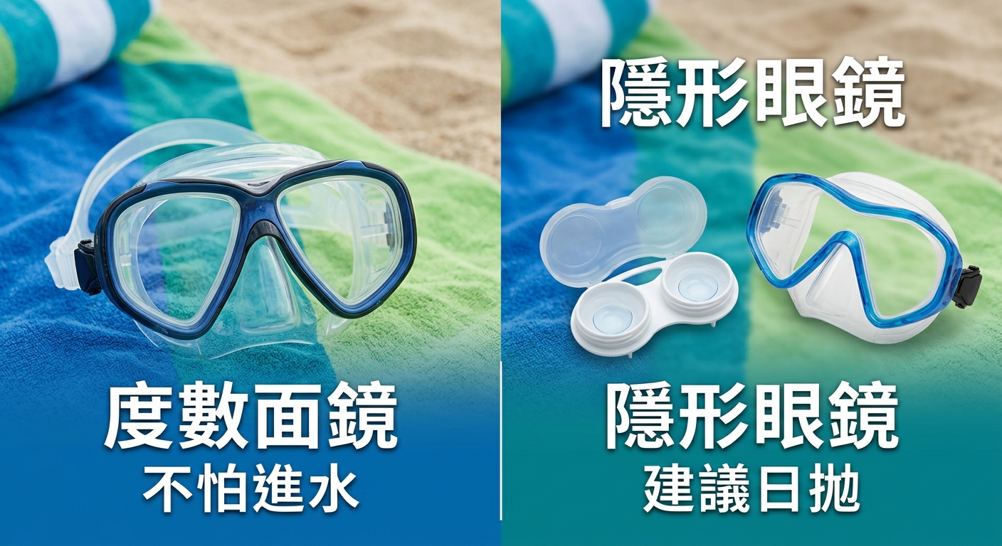 近視浮潛兩種解法的左右對比示意插畫。左半邊畫一副度數面鏡、逐字標「度數面鏡」,下方小字逐字標「不怕進水」;右半邊畫一副隱形眼鏡加一般面鏡、逐字標「隱形眼鏡」,下方小字逐字標「建議日拋」。中間以分隔線區隔。扁平插畫、藍綠配色。圖中不得出現任何其他文字/年份/網址/電話/店名/品牌標誌/度數數字。