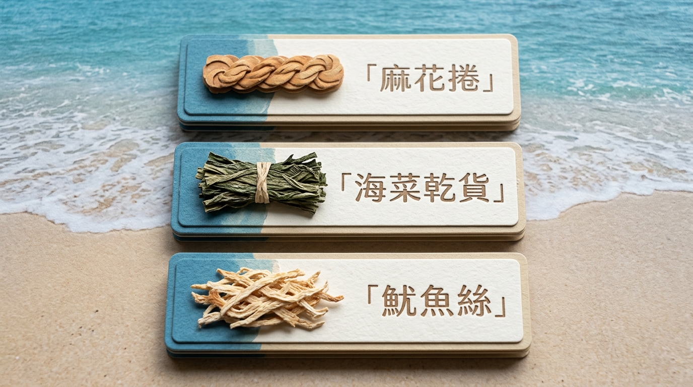 小琉球必買名產分類卡片,三張橫向卡片垂直排列,每張左側圖示、右側一行繁體中文標籤:第一張麻花捲圖示標籤「麻花捲」、第二張海草圖示標籤「海菜乾貨」、第三張魷魚圖示標籤「魷魚絲」,恰好三張、不得多於三張,三張標籤各不相同、不得重複,每張文字僅一行不得換行,海島藍與沙色配色,除這三個標籤外圖中不得出現任何其他文字或數字