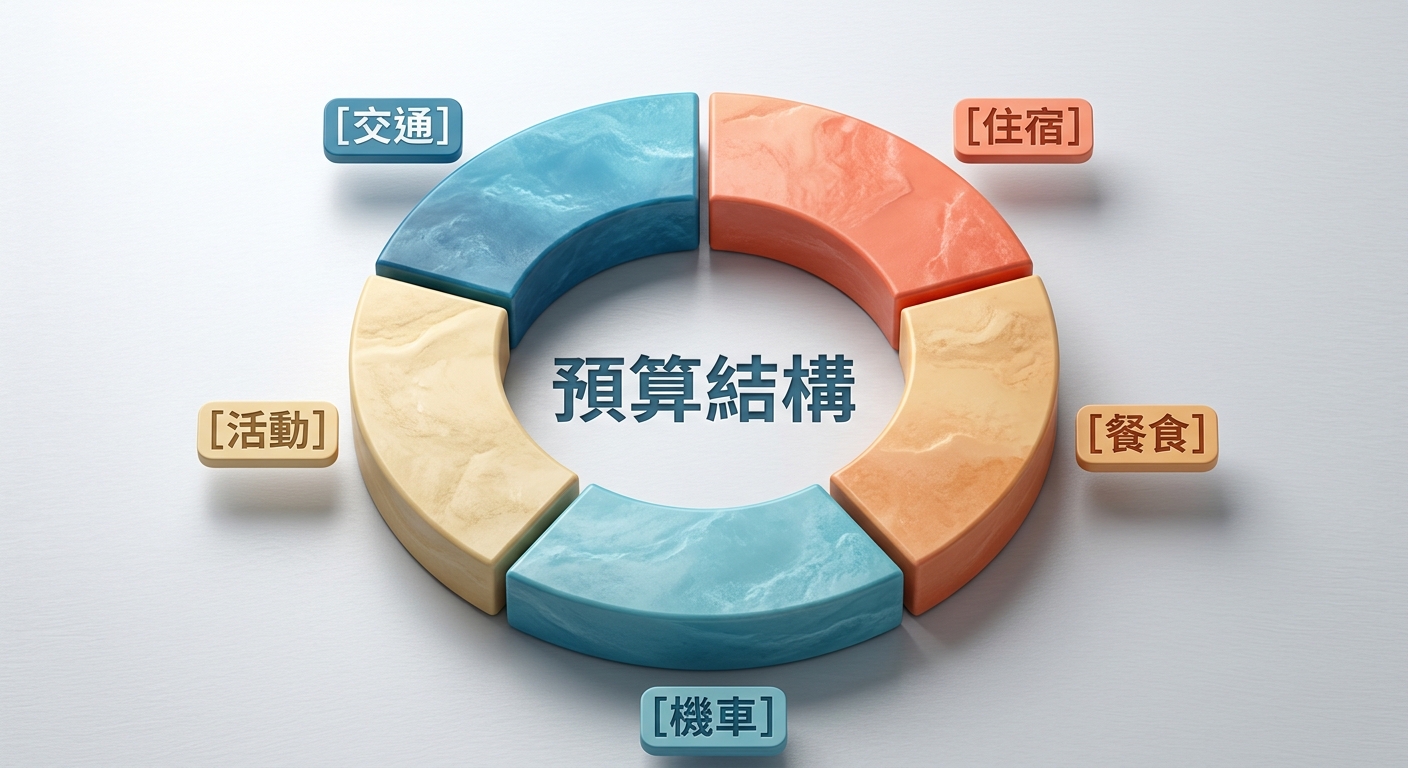 小琉球旅費預算分項結構環圈圖,環圈分成五個分色扇形區塊,每個扇形外側僅標一個項目名稱:交通、住宿、餐食、機車、活動,環圈中央標 預算結構 四字,整體配色用海洋藍、珊瑚橘、淺沙黃,背景淺灰,扇形不標任何數字或百分比