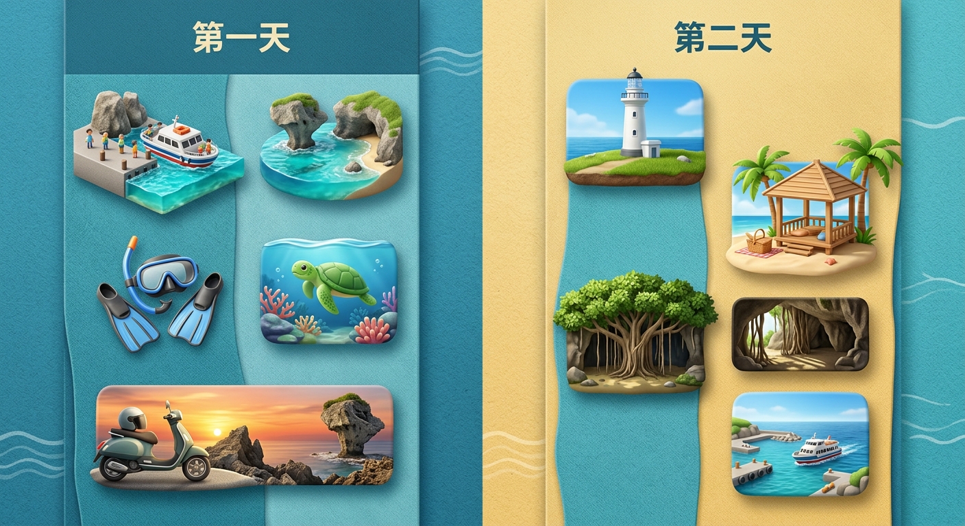 小琉球兩天一夜行程時間軸圖,雙日分欄垂直排列,第一天欄位含上船、花瓶岩、午餐、烏鬼洞、看夕陽五個節點,第二天欄位含早餐、潮間帶、水上活動、返程四個節點,每節點搭配圖示與繁體中文標籤,配色海藍與沙黃