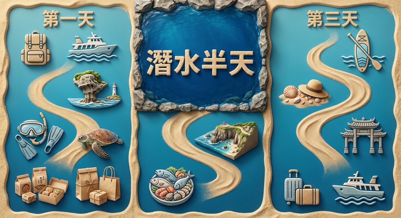 小琉球三天兩夜含潛水的行程時間軸圖,三日分欄垂直排列,第二天欄位明確標示「潛水半天」時段以不同顏色突顯,其餘節點含景點、水上活動、返程,每節點搭配圖示與繁體中文標籤,配色海藍與沙黃,潛水時段以深藍色塊標示