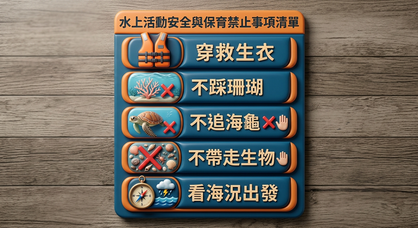 水上活動安全與保育禁止事項清單卡片圖,五條規則垂直排列,每條一個圖示加繁體中文短標籤:穿救生衣、不踩珊瑚、不追海龜、不帶走生物、看海況出發,每條文字一行不換行,配色警示橘與海藍,圖中恰好五條不多不少