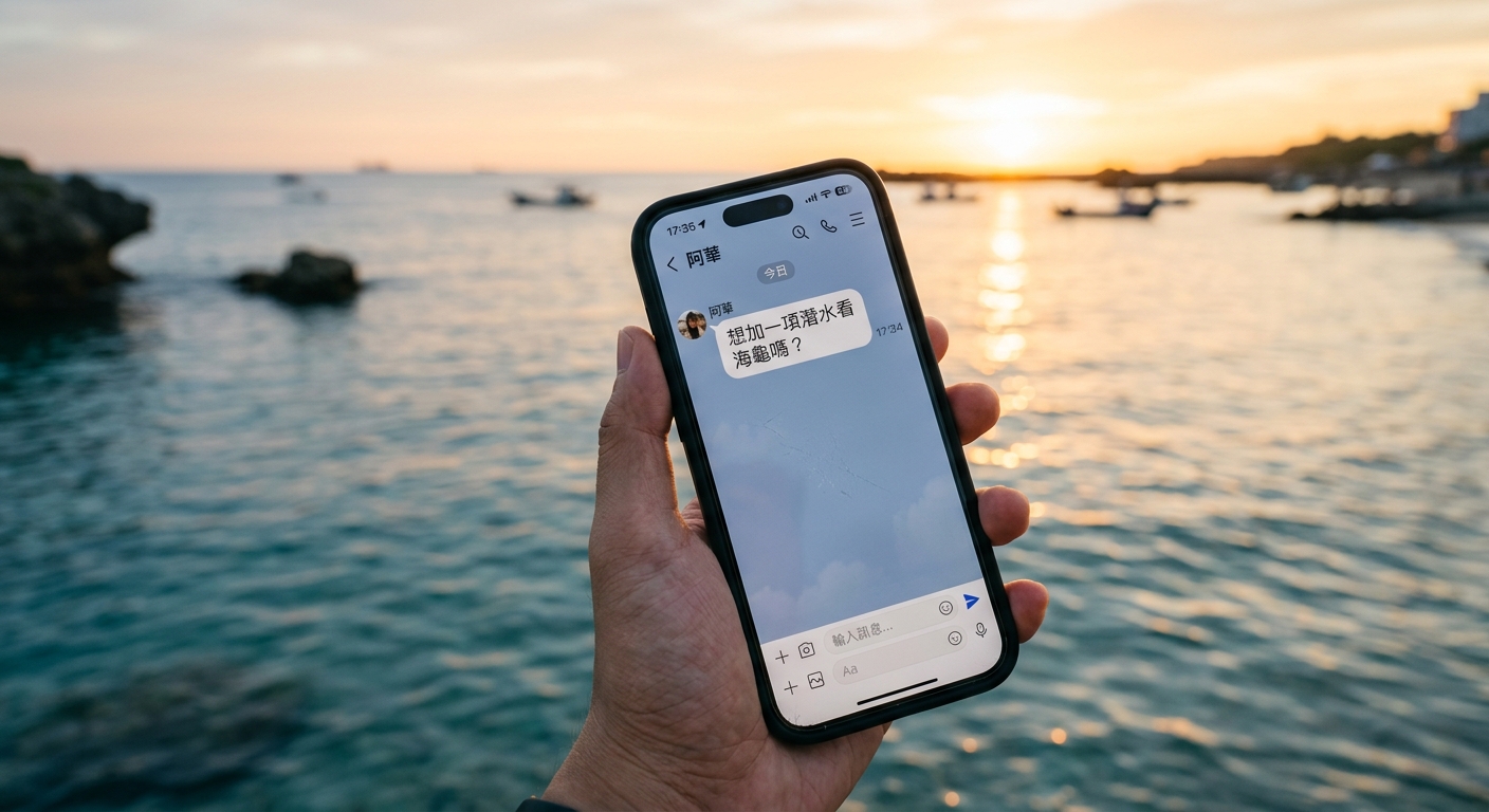 結論 CTA 配圖,畫面為小琉球海面,前景一支手機顯示 LINE 對話介面,對話氣泡內為繁體中文「想加一項潛水看海龜嗎?」,整體溫暖邀請感,配色海藍與夕陽橘