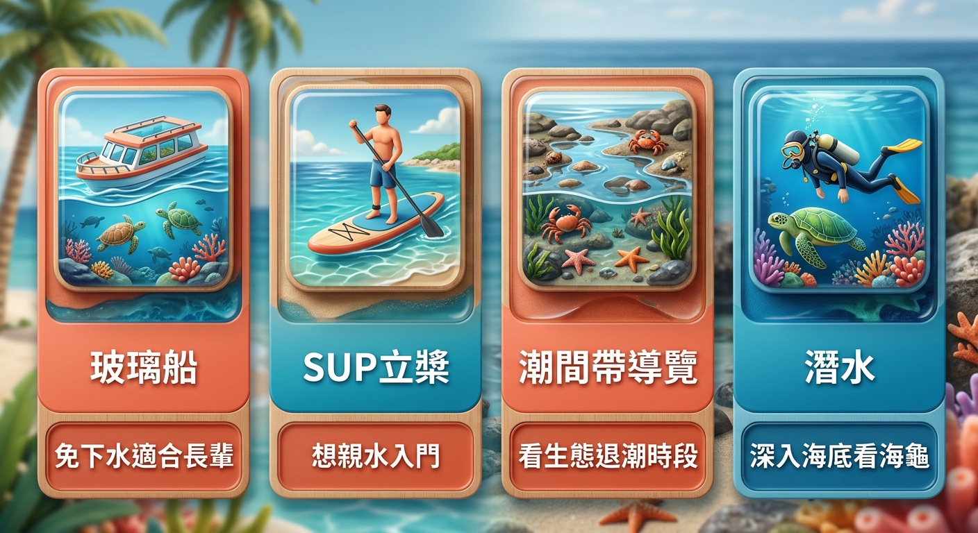 小琉球水上活動類型總覽圖,四張並排卡片,每張頂端一個線條圖示、中間一行活動名稱、下方一行適合對象,四張分別為 玻璃船配文 免下水適合長輩、SUP立槳配文 想親水入門、潮間帶導覽配文 看生態退潮時段、潛水配文 深入海底看海龜,恰好四張、文字各不相同,配色珊瑚橘與海洋藍,圖中不得出現任何金額、價格或年份