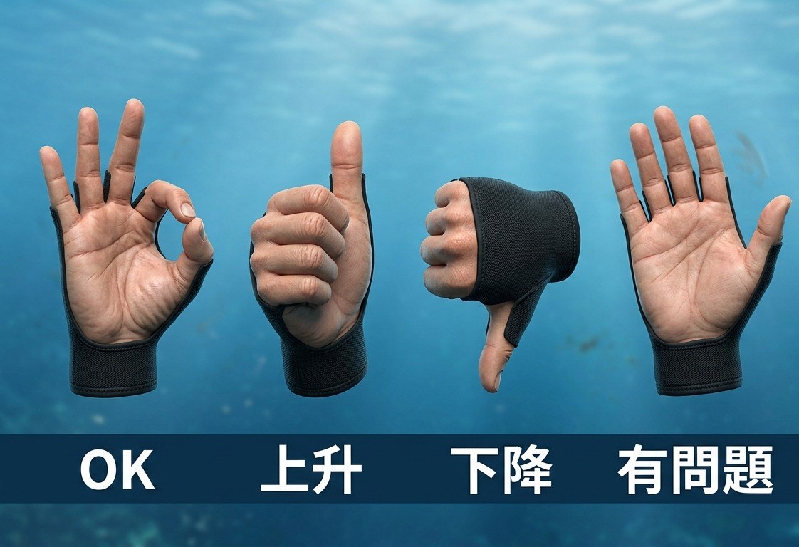 潛水基本手勢圖,四個手勢圖示橫向排列,每個手勢下方一行標籤:OK、上升、下降、有問題