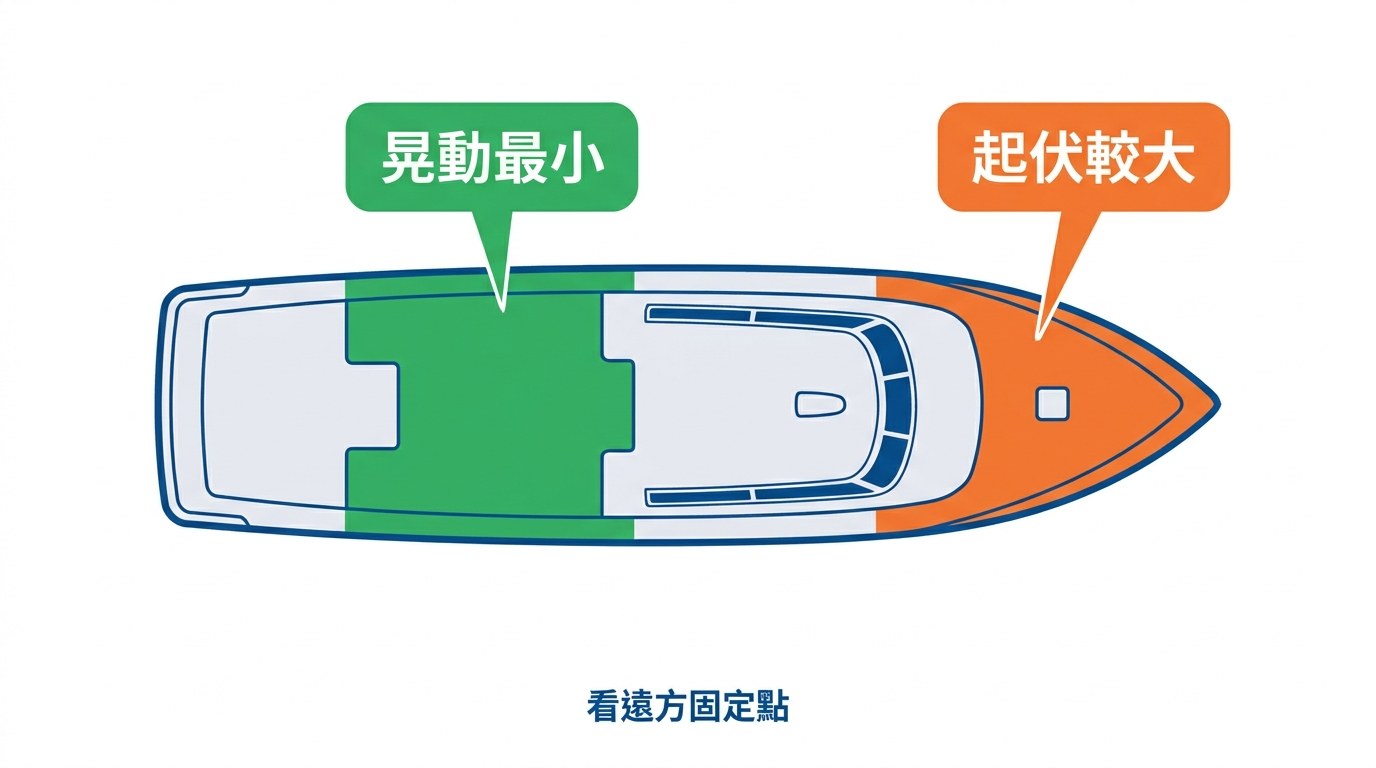 暈船座位選擇示意圖,客船俯視圖,船中後段以綠色標示晃動最小、船頭以橘色標示起伏較大,下方提醒看遠方固定點