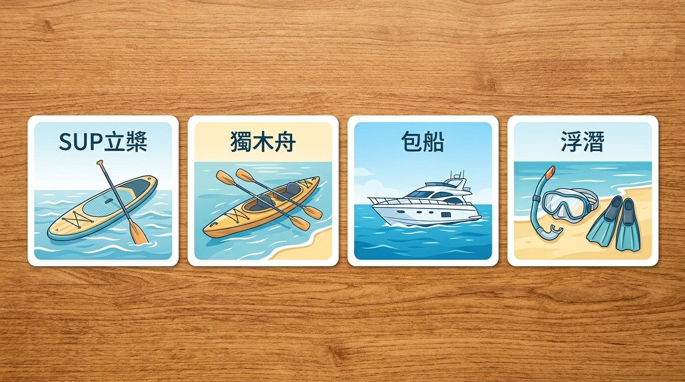 小琉球水上活動比較表格圖,四欄分別為 SUP立槳、獨木舟、包船、浮潛,每欄下方以圖示與繁體中文標籤標注刺激度(星級)、適合對象、適合時段三項,配色海藍與沙黃,表格清晰、每欄一行文字不換行